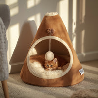 Pawboxx™ Cozy Cat Bed – Brown & Cream | Soft Fleece with Hanging BallPawboxx™ Cozy Cat Bed – Brown & Cream | Soft Fleece with Hanging Ball