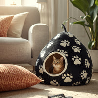 Pawboxx™ Cozy Pawprint Cat Cubby – Black & White Fleece Hideout