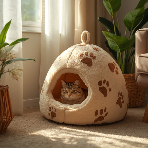 Pawboxx™ Cozy Beige Pawprint Cat Cubby – Soft Fleece Hideout